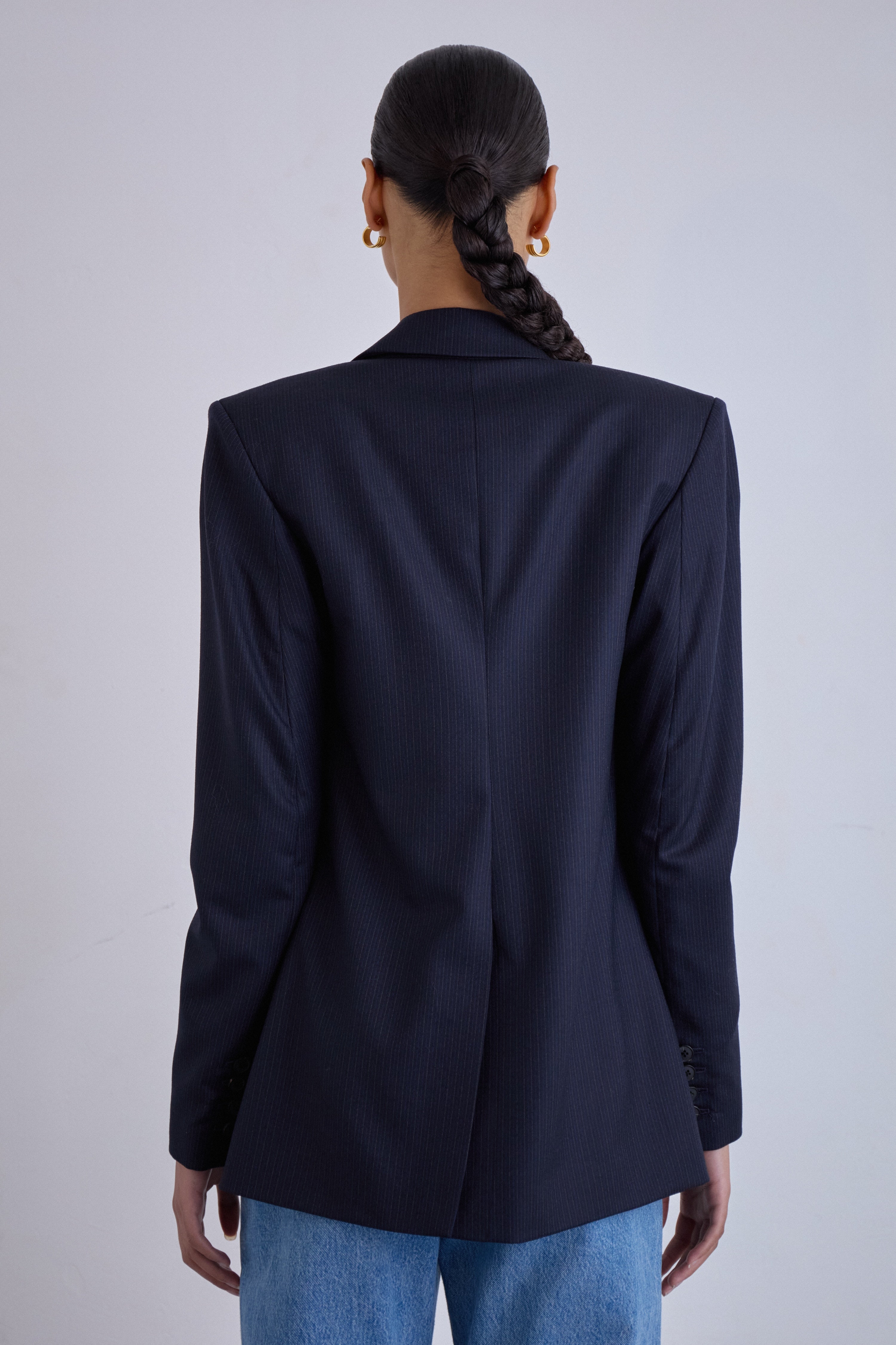 The Essential Cut — Navy Pinstripe