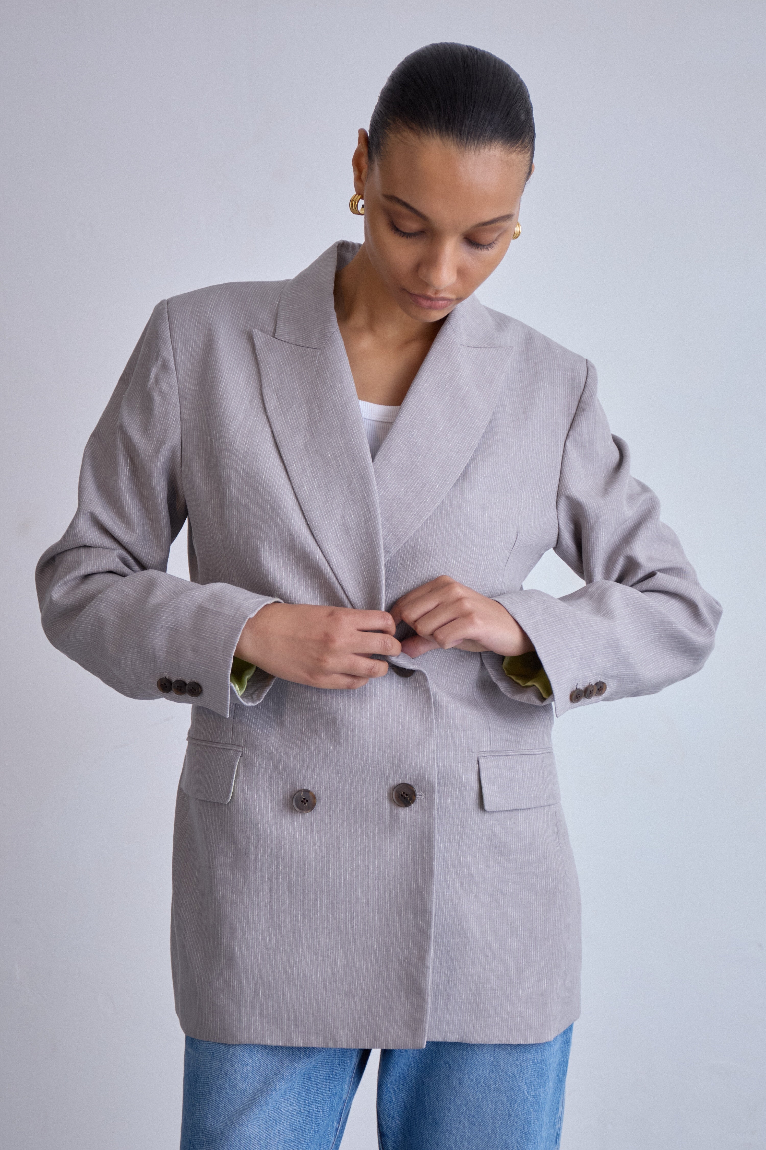 oversized blazer summer linen light grey double breasted jacket