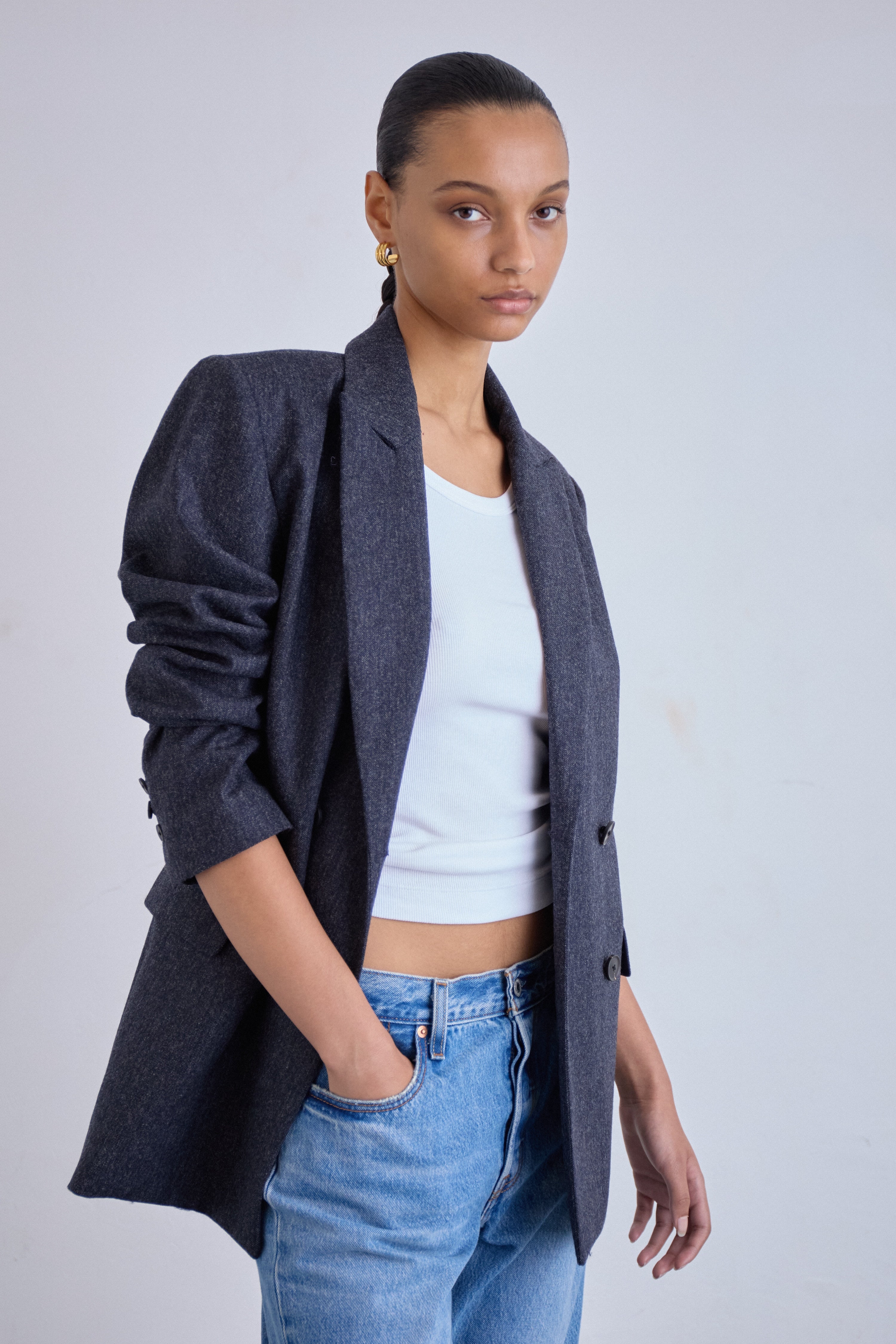 Oversized double-breasted blazer in graphite wool, relaxed fit