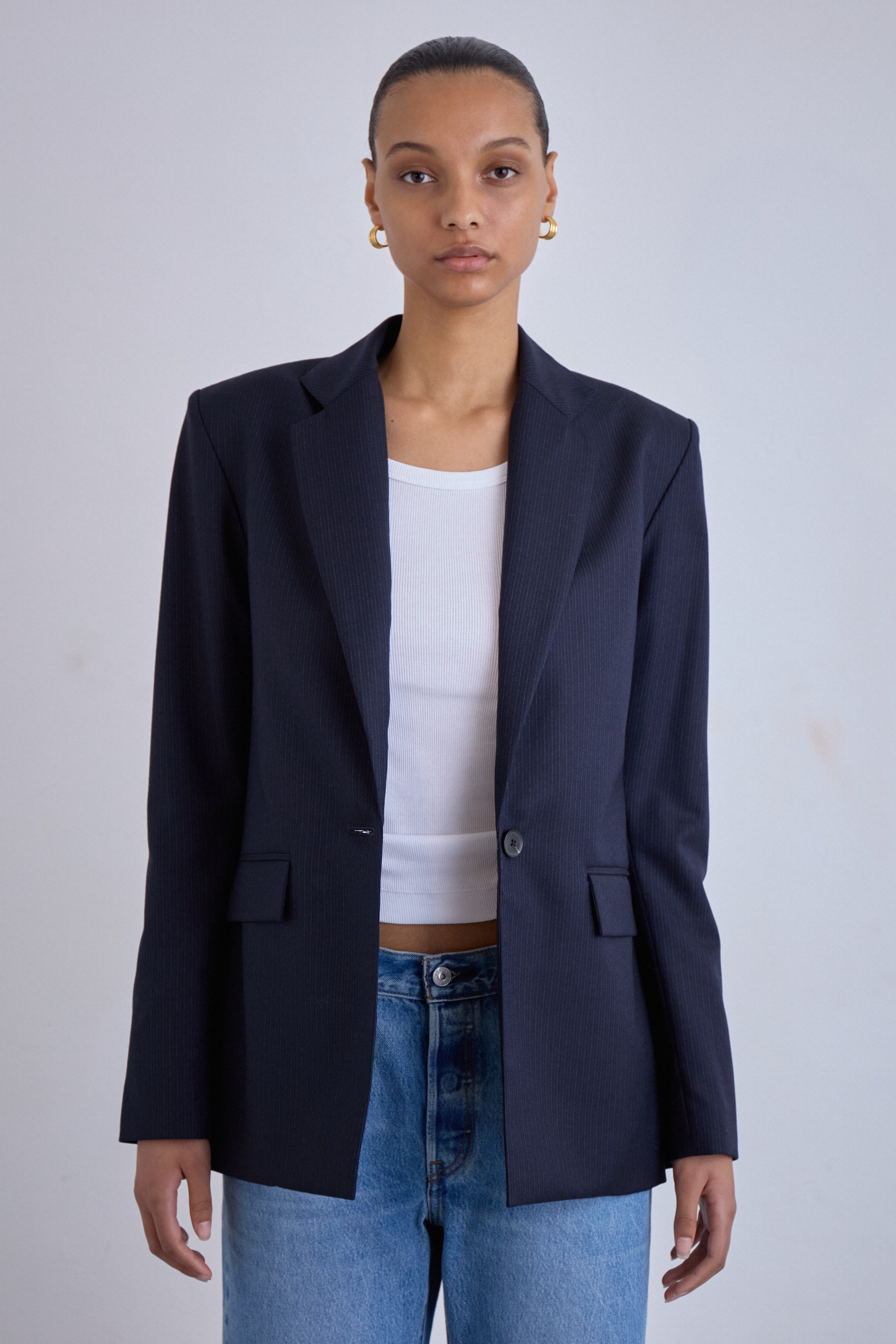 The Essential Cut — Navy Pinstripe