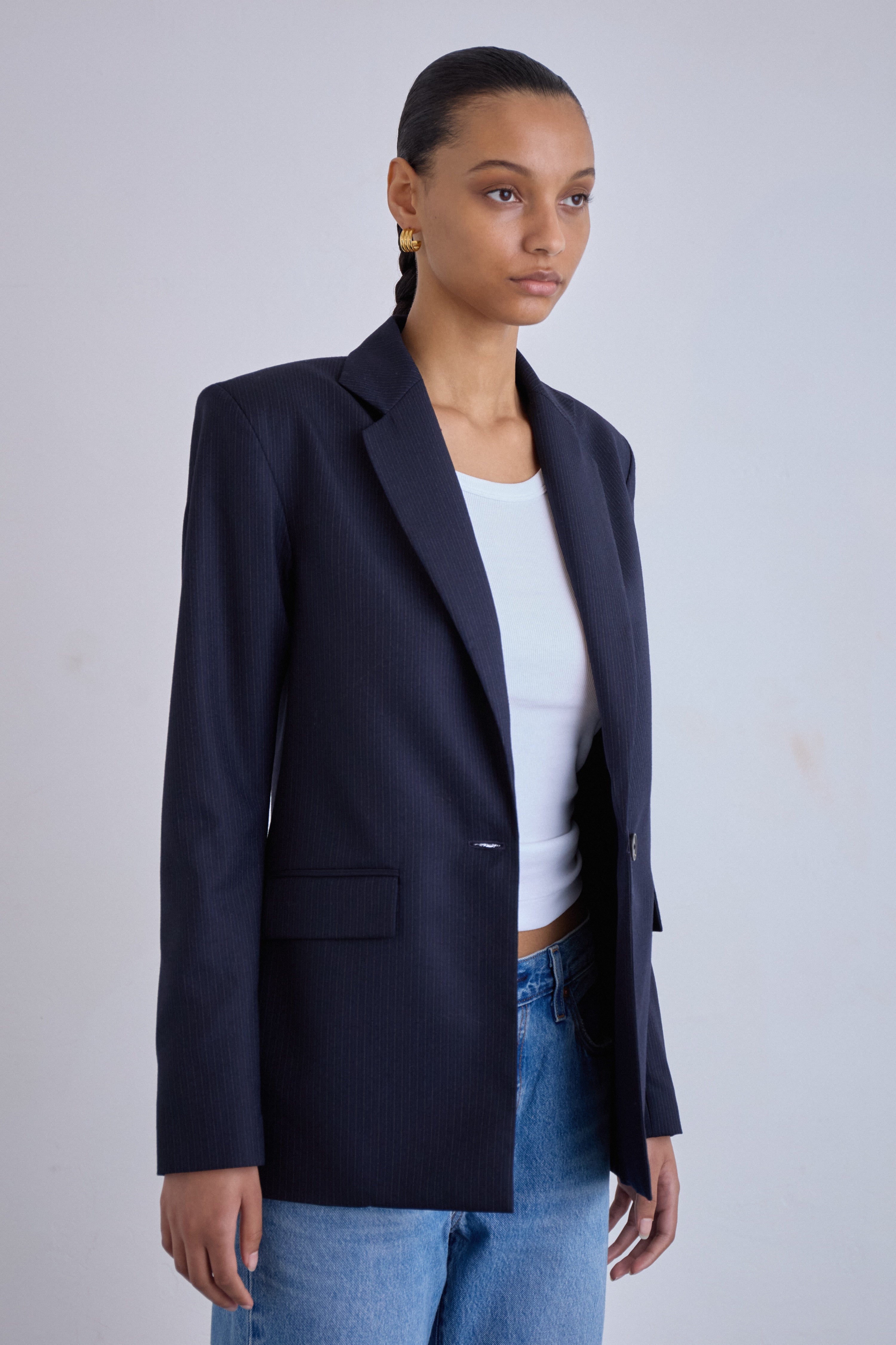 The Essential Cut — Navy Pinstripe