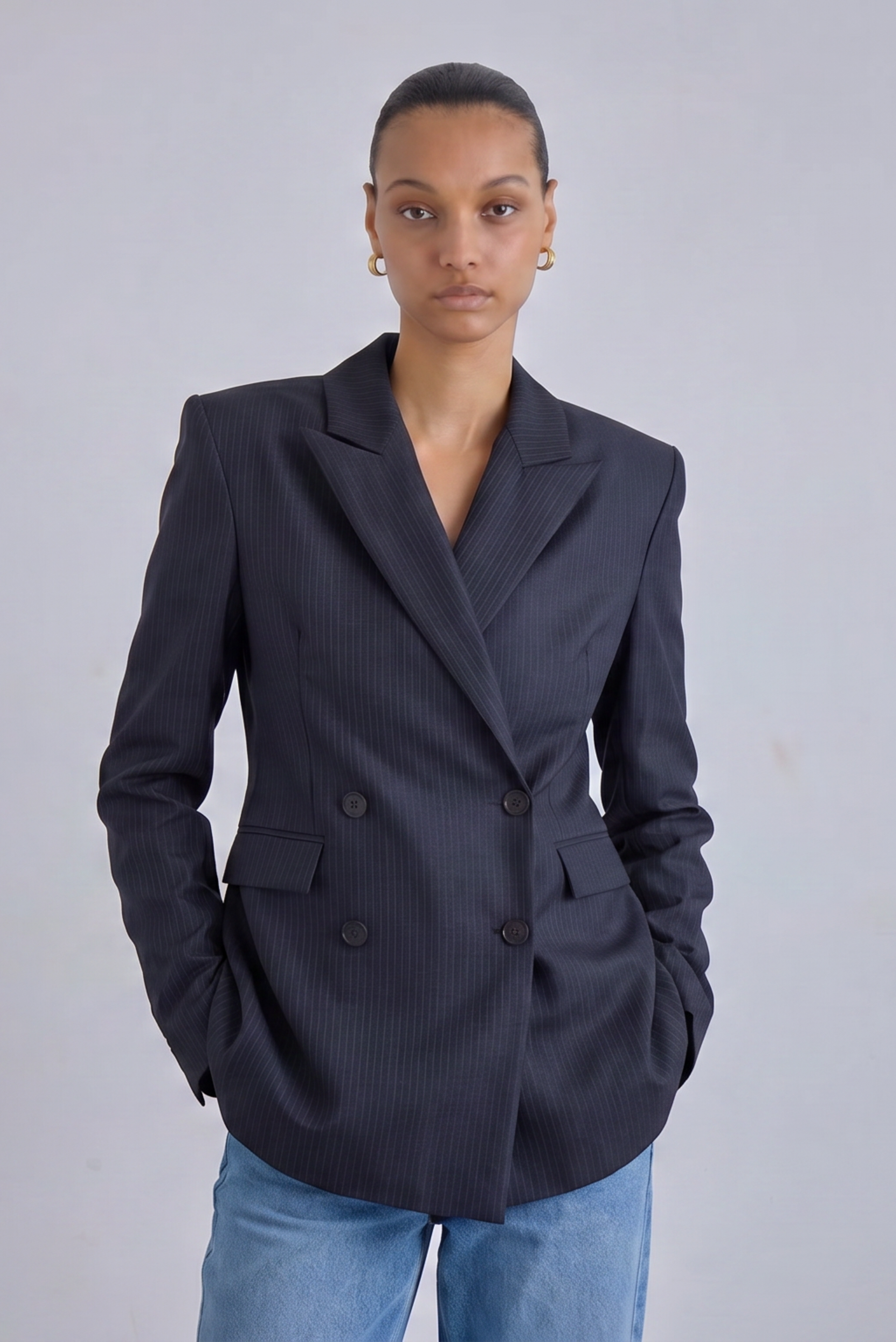 double breasted navy jacket hourglass figure designer blazer