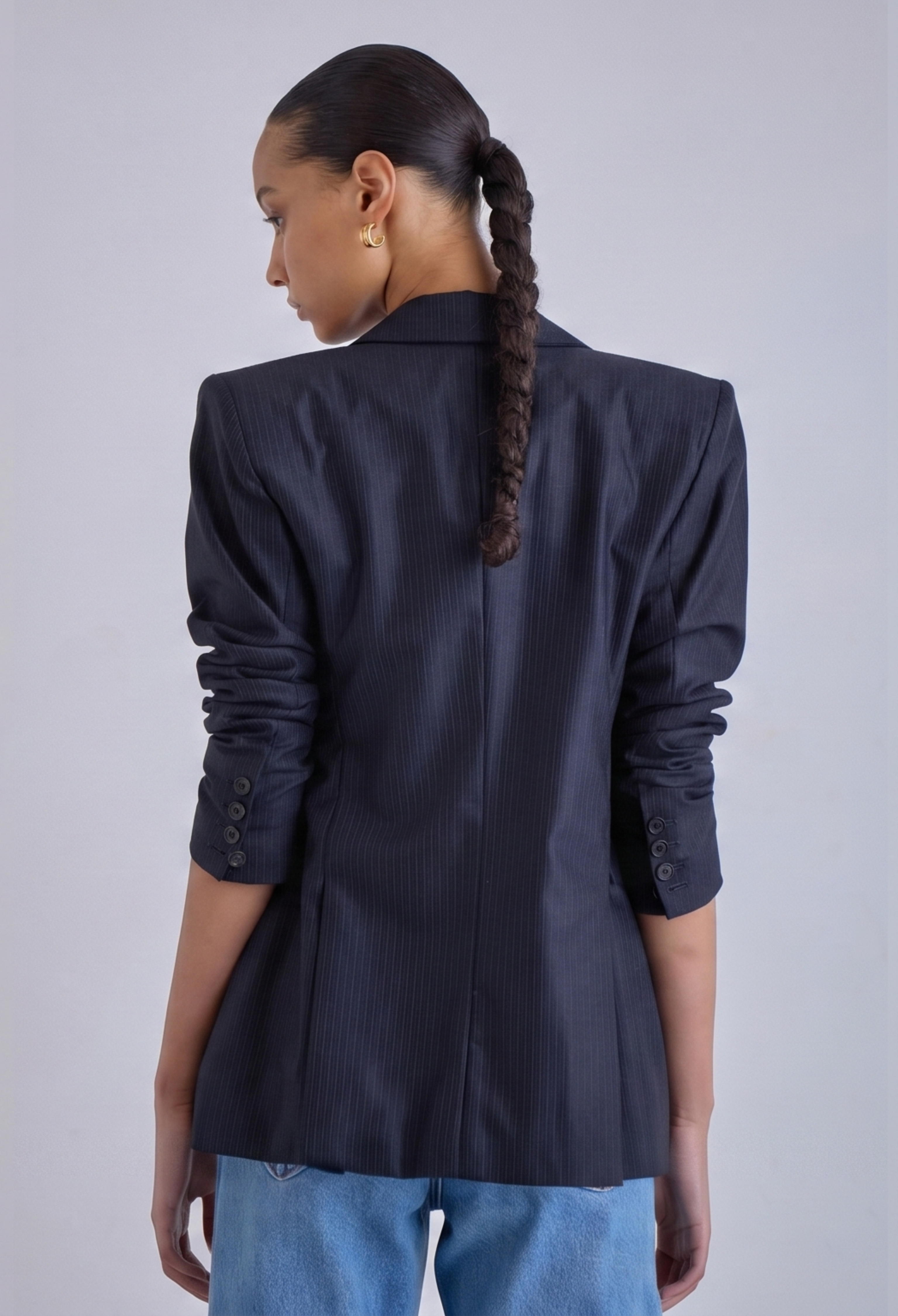 double breasted exaggerated shoulder pads designer blazer merino wool 