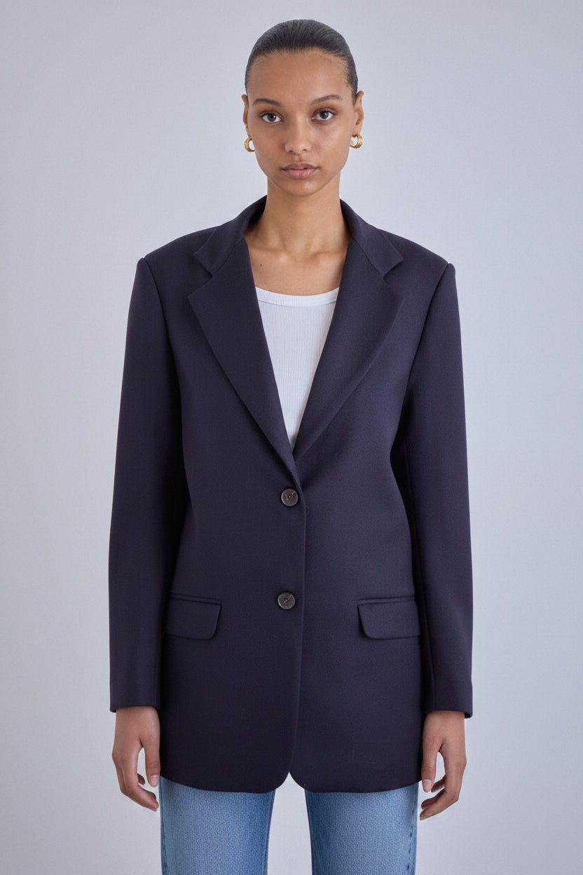 navy blazer relaxed fit Italian merino wool classic