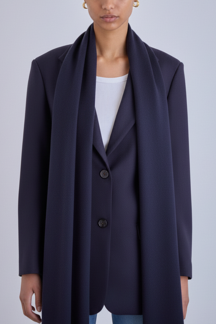 A model wearing a dark navy blue single-breasted coat over a white top and light blue jeans, shot against a solid light gray studio background. matching scarf