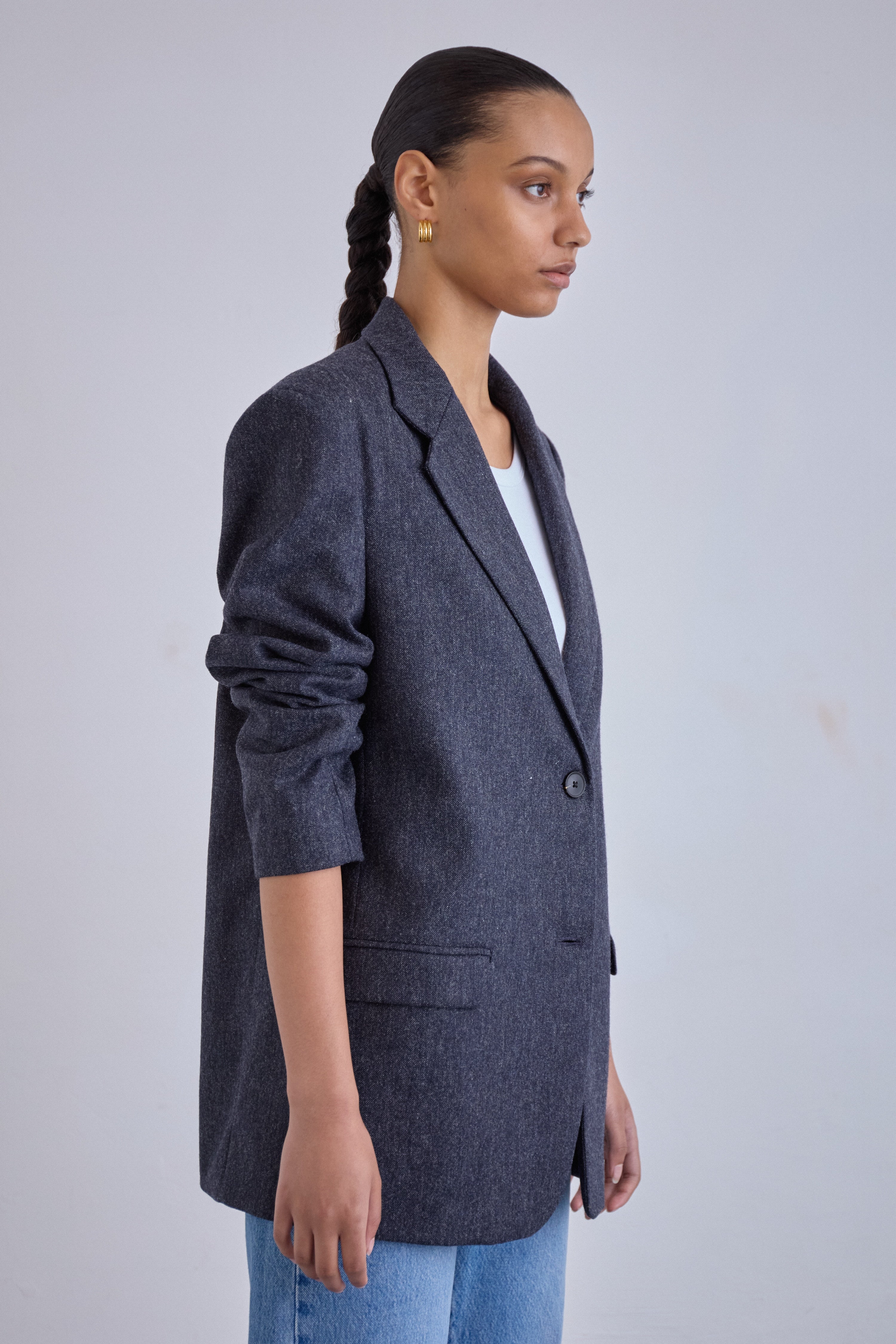 merino wool blue blazer, tailored fit, boyfriend
