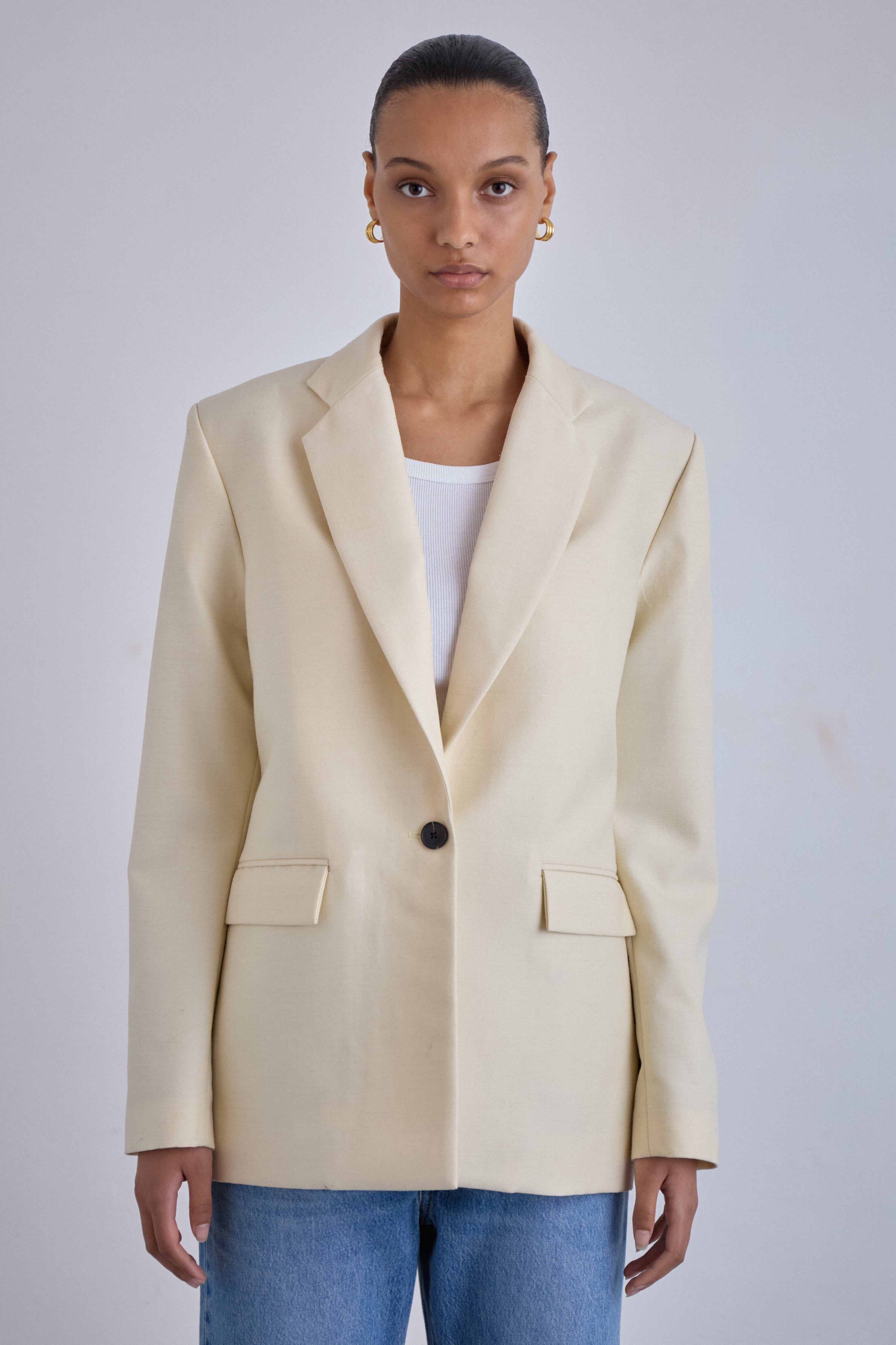cream merino mohair blazer women UK, single-breasted