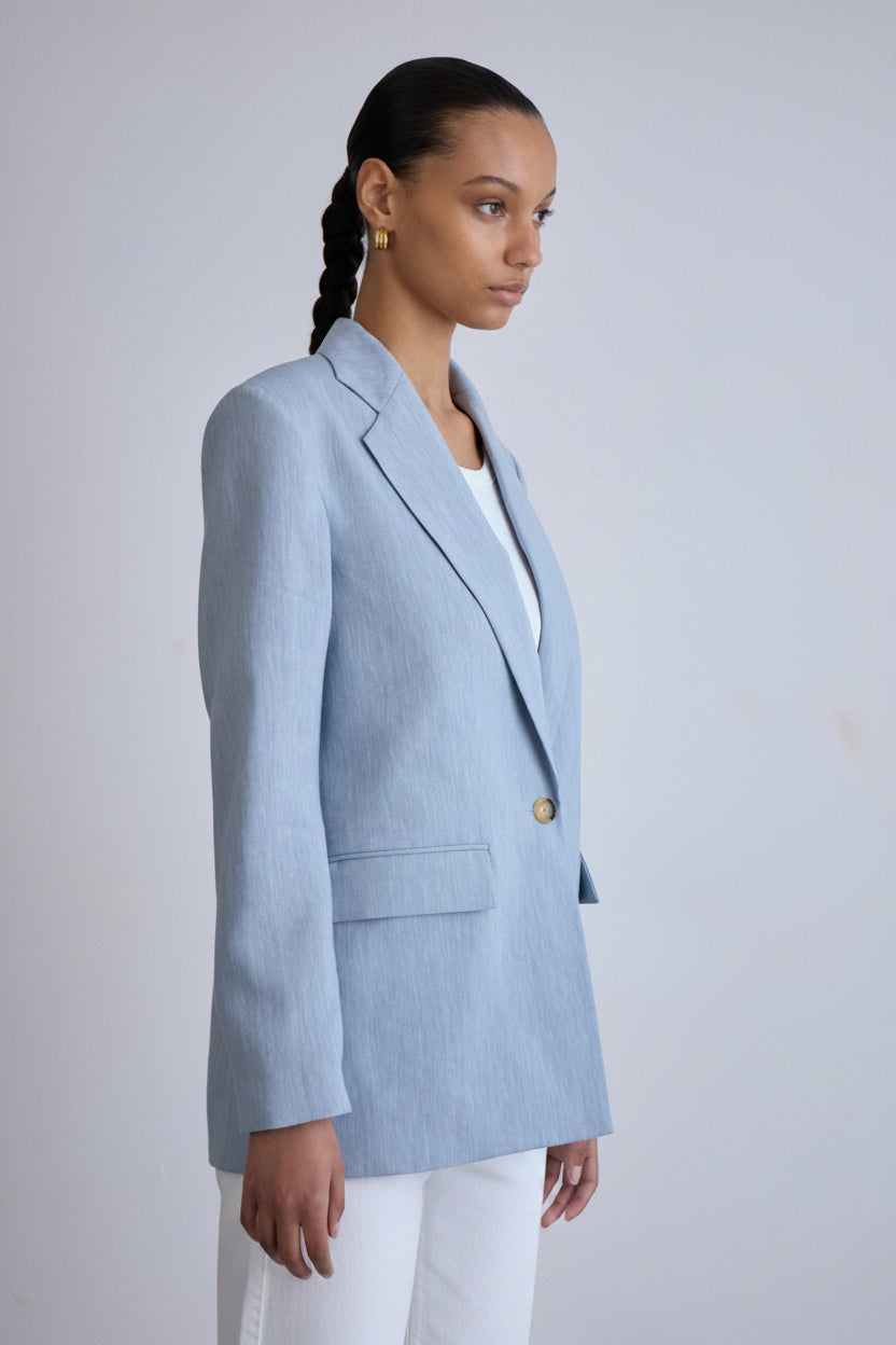 Cornflower blue linen mohair blazer women UK, single-breasted