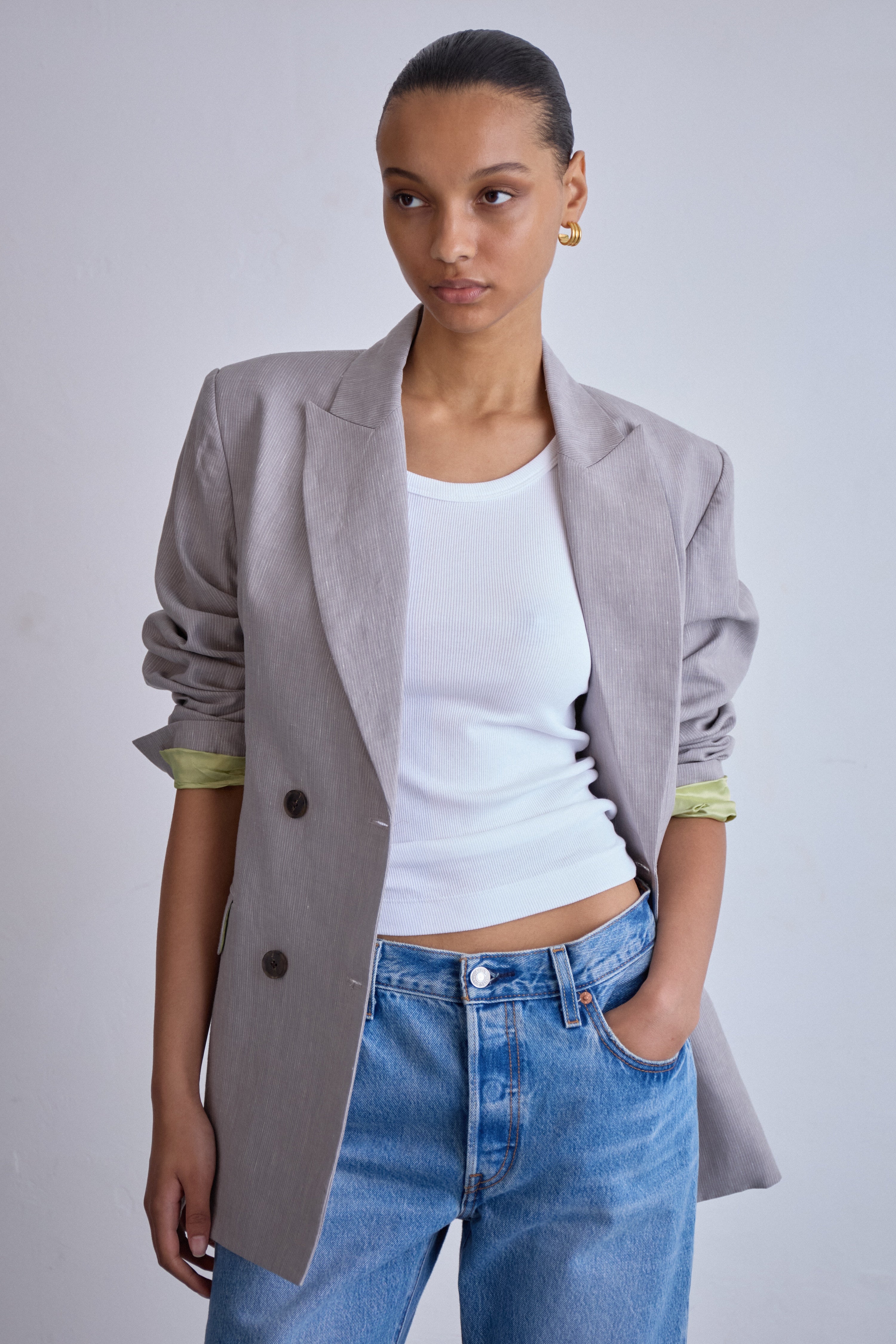 relaxed fit women's blazer summer jacket light grey double breasted oversized fit