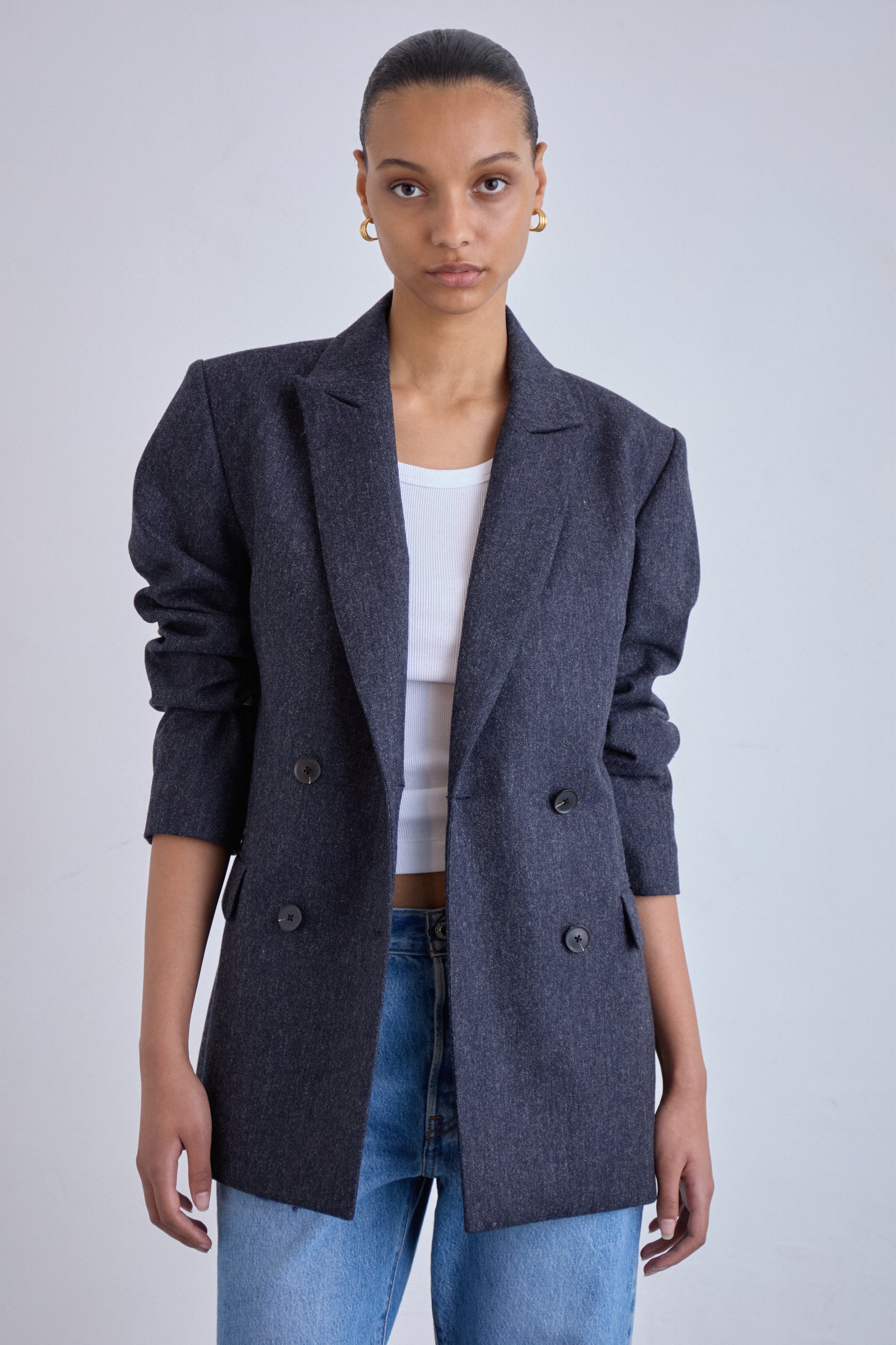 Oversized double-breasted blazer in navy wool, relaxed fit