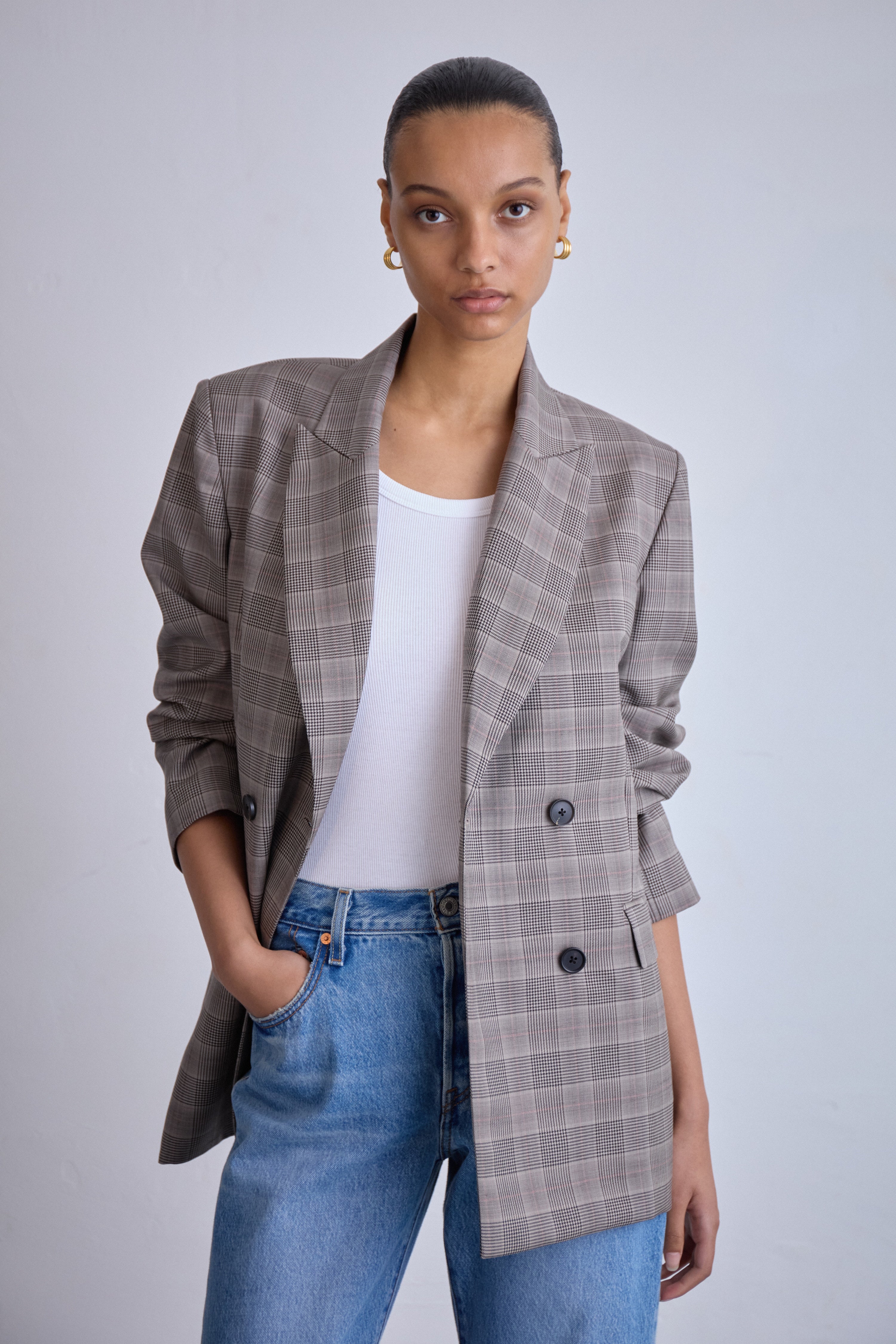Oversized double-breasted blazer in check wool, relaxed fit